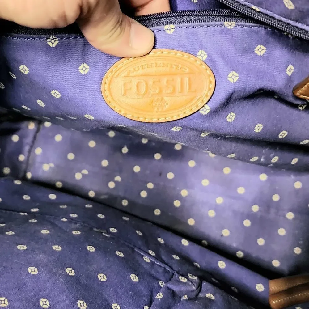 Fossil tote bag purse brown leather handles blue trim